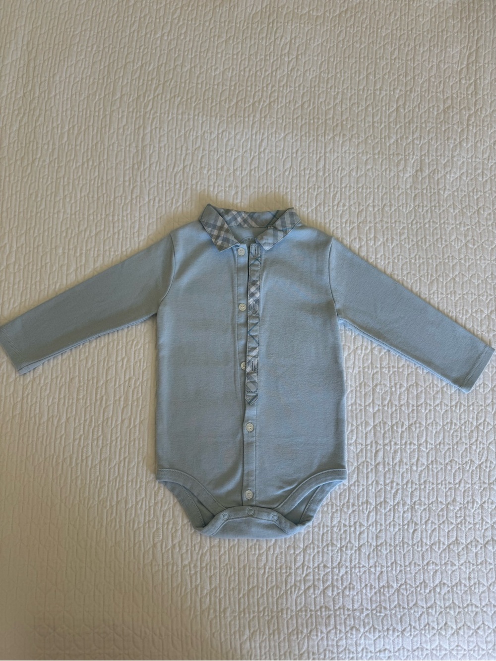 Burberry Light Blue Long-Sleeve One-Piece with Plaid Collar 9months